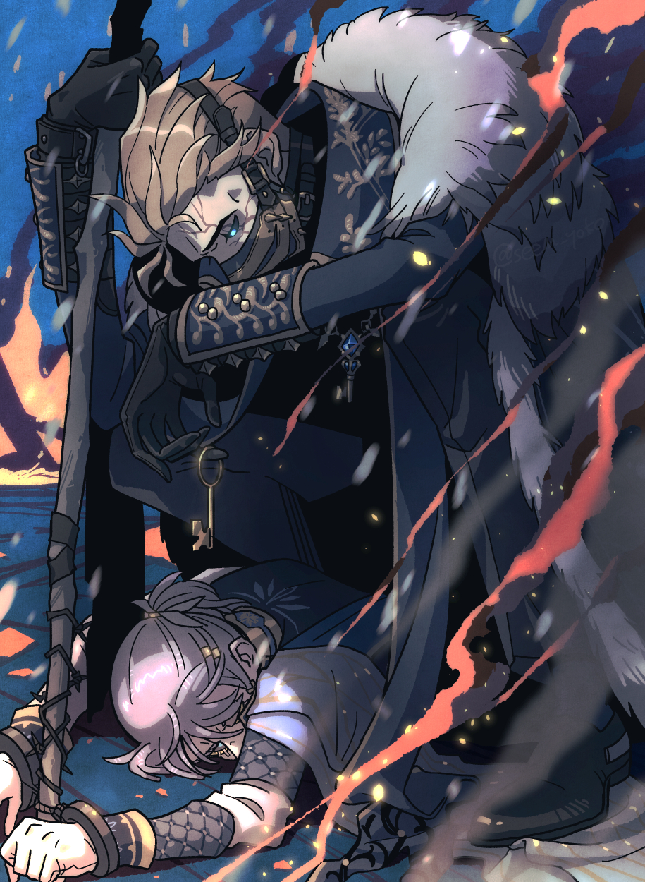 2boys alva_lorenz alva_lorenz_(warden) black_footwear black_gloves black_sclera blonde_hair blue_cloak blue_eyes blue_jacket blue_pants bound bound_wrists burning cape cloak colored_sclera covered_mouth cuffs embers facial_mark fire full_body fur-trimmed_cloak fur_trim gloves grey_eyes grey_hair hair_between_eyes hair_slicked_back hair_tubes highres holding holding_key holding_staff identity_v jacket key looking_at_another luca_balsa luca_balsa_(winter_cicada) lying male_focus mask mouth_mask multiple_boys official_alternate_costume on_stomach pants ponytail scowl shirt shoes short_hair short_ponytail sleeve_cuffs smoke squatting staff stepping_on_clothes upper_body wanijima_gaburi white_cape white_shirt