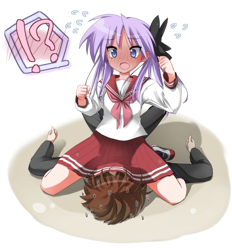 ! !? 00s 1boy 1girl ? blue_eyes blush bow brown_hair embarrassed full-face_blush hair_bow hair_ornament hiiragi_kagami hiraku long_hair lucky_star open_mouth purple_hair ribbon school_uniform serafuku shiraishi_minoru short_hair sitting sitting_on_face sitting_on_person skirt spread_legs sweatdrop twintails