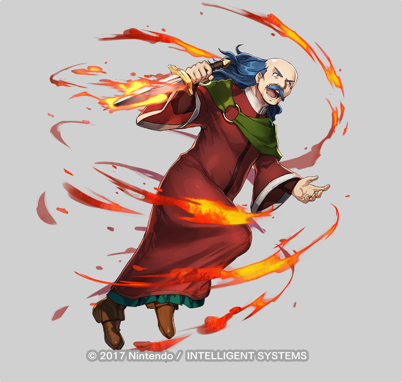 1boy balding blue_hair brown_footwear capelet commentary copyright_name dagger dai-xt facial_hair fire fire_emblem fire_emblem:_the_binding_blade fire_emblem_heroes full_body green_capelet holding holding_dagger holding_knife holding_weapon knife long_hair male_focus merlinus_(fire_emblem) mustache nintendo official_art old old_man open_mouth solo tunic weapon