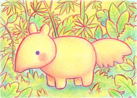 aardvark animal animal_focus anteater bisquii card chibi commentary foliage grass leaf lowres no_humans original pastel_(medium) plant traditional_media