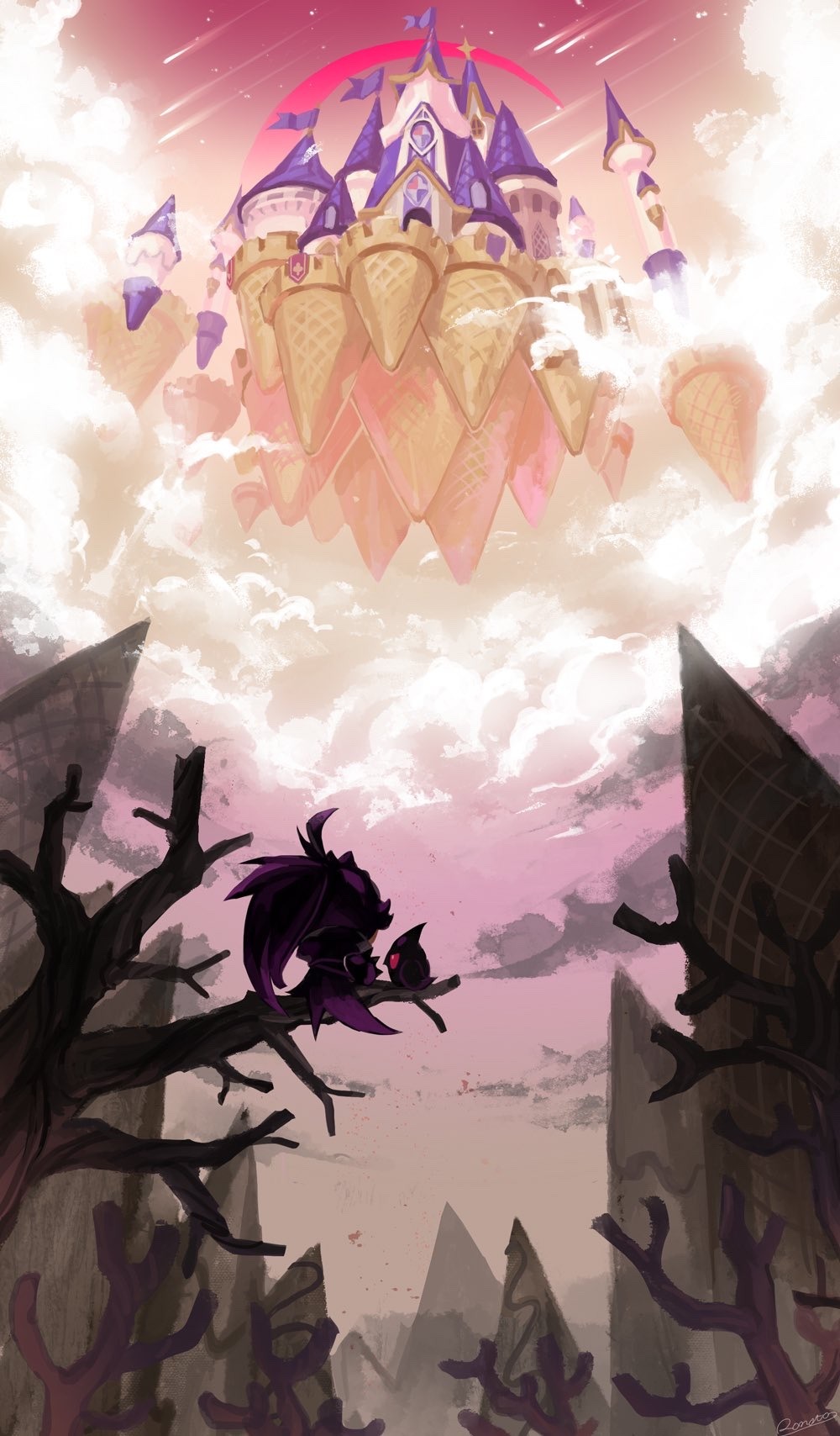 1girl animal bare_tree bird black_hair black_raisin_cookie castle cloud cookie_run cookie_run:_kingdom crow cumulonimbus_cloud from_behind highres ice_cream_cone long_hair outdoors ponytail rn9j solo tagme tree wide_shot
