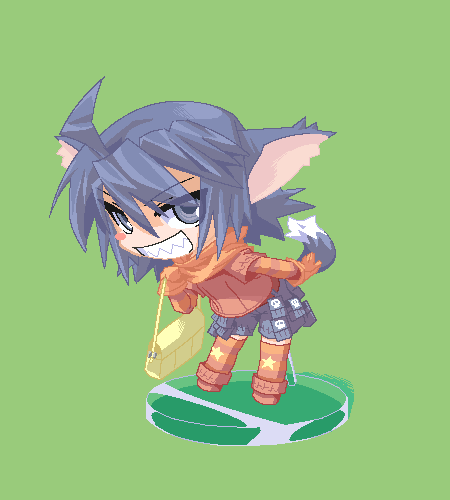 1girl ahoge animal_ears bag black_shorts blue_eyes blue_hair blush_stickers eyes_visible_through_hair faux_figurine female_focus fox_ears fox_tail full_body gloves green_background handbag long_hair looking_at_viewer lowres mof oekaki orange_gloves orange_scarf original scarf sharp_teeth short_sleeves shorts simple_background solo standing star_(symbol) star_print striped_clothes striped_thighhighs summon_night tail teeth thighhighs tsurime yuel_(summon_night)
