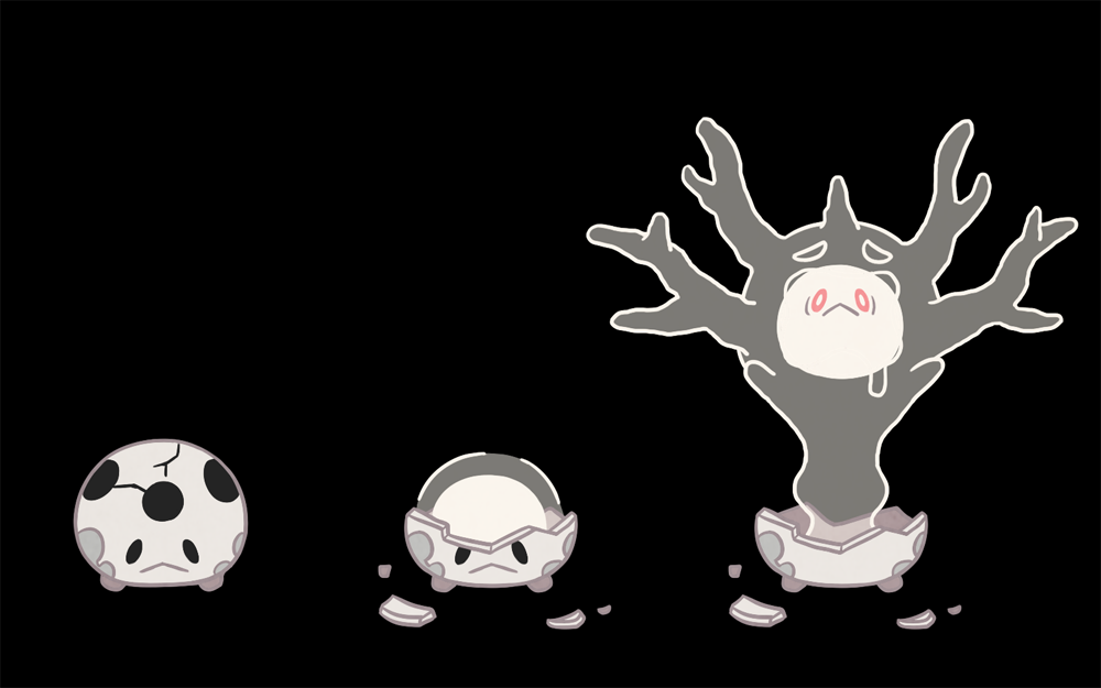 :&lt; black_background black_eyes bright_pupils closed_mouth commentary crack cracked_shell cursola evolutionary_line galarian_corsola galarian_form gen_8_pokemon nintendo no_humans pink_eyes pokemon pokemon_(creature) simple_background ssalbulre white_pupils