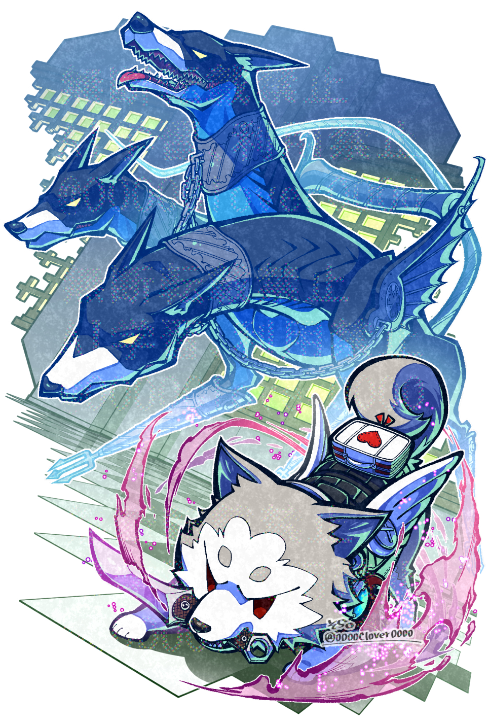 04sora40 angry animal_ears cerberus_(persona) chibi commentary_request dog dog_ears dog_nose dog_tail fangs fiery_aura grey_fur heart highres husky knife_in_mouth koromaru_(persona) multicolored_fur open_mouth persona persona_3 red_eyes tail tongue tongue_out white_fur wings