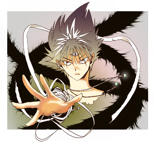 bandages black_hair black_shirt border eyes_visible_through_hair facing_viewer glowing hiei_(yu_yu_hakusho) jewelry looking_at_viewer nichika outside_border outstretched_hand partially_shaded_face pendant red_eyes retro_artstyle serious shirt simple_background spiked_hair third_eye white_border yuu_yuu_hakusho