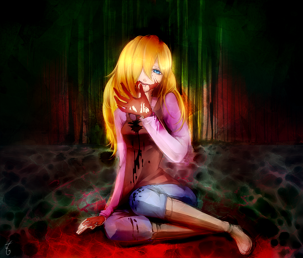 1girl artist_name bad_end bad_id bad_pixiv_id blonde_hair blood blood_on_clothes blood_on_face blood_on_hands blue_eyes boots creepy dark_persona denim female_focus hair_over_one_eye jeans k59f9 long_hair looking_at_viewer mermaid_swamp ningyo_numa one_eye_covered pants shorts sidelocks sitting solo spoilers tanoshi yamazaki_rin