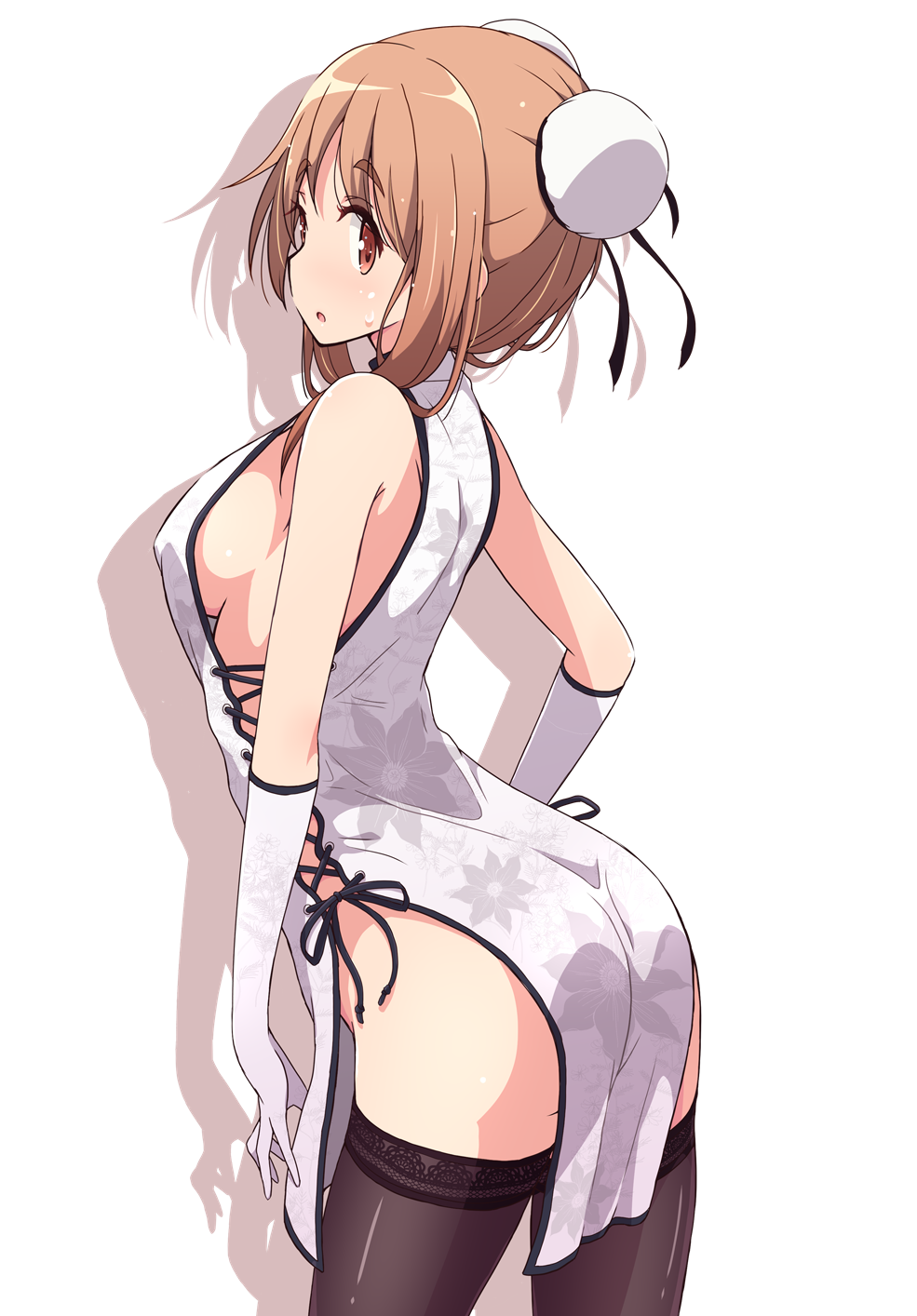 1girl ass bare_shoulders breasts brown_eyes brown_hair bun_cover china_dress chinese_clothes commentary_request cross-laced_clothes double_bun dress elbow_gloves floral_print from_behind gloves hair_bun hair_up high_collar highres leaning_forward light_frown looking_at_viewer looking_back matsumoto_yoriko medium_breasts mel_(melty_pot) no_panties parted_lips print_dress shadow short_dress short_hair side-tie_dress side_slit sideboob sideless_outfit sidelocks sleeveless sleeveless_dress solo sweatdrop thighhighs thighs white_dress white_gloves white_thighhighs yuyushiki