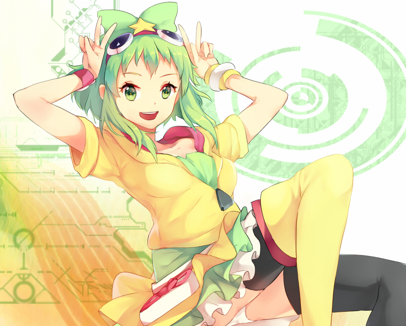 1girl :d asymmetrical_footwear bad_id bad_pixiv_id bow cosplay crossover cure_lovely cure_lovely_(cosplay) cure_lovely_(lollipop_hip_hop) double_v female_focus goggles goggles_on_head green_eyes green_hair gumi hair_bow happinesscharge_precure! hood hoodie matching_hair/eyes mismatched_footwear nakajima_megumi name_connection open_mouth panties pantyshot precure short_hair shovelwall shovelwell sitting skirt smile solo thighhighs underwear upskirt v vocaloid voice_actor_connection white_panties