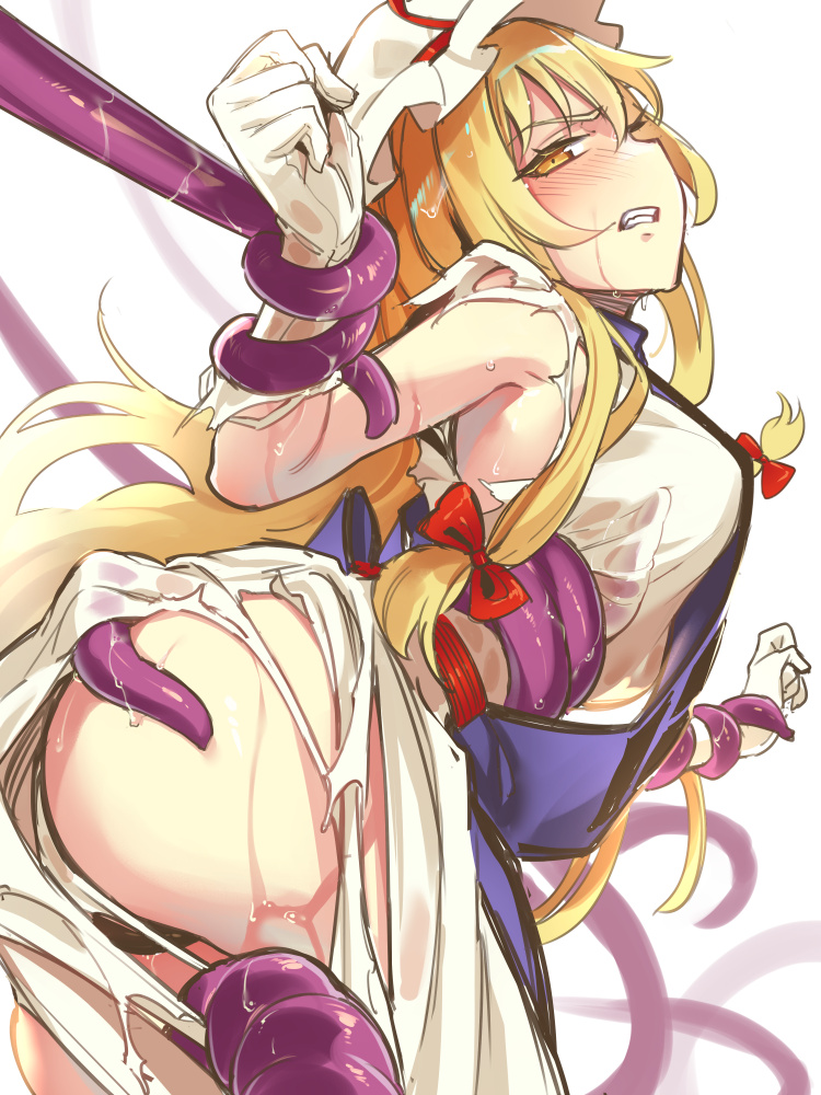 1girl asutora bad_id bad_nicoseiga_id bare_shoulders blonde_hair blush bow breasts clenched_teeth commentary_request cowboy_shot dress female_focus gloves hair_between_eyes hair_bow hand_up hat medium_breasts red_bow simple_background solo tabard teeth tentacles torn_clothes torn_dress touhou white_background white_dress white_gloves white_hat yakumo_yukari yellow_eyes