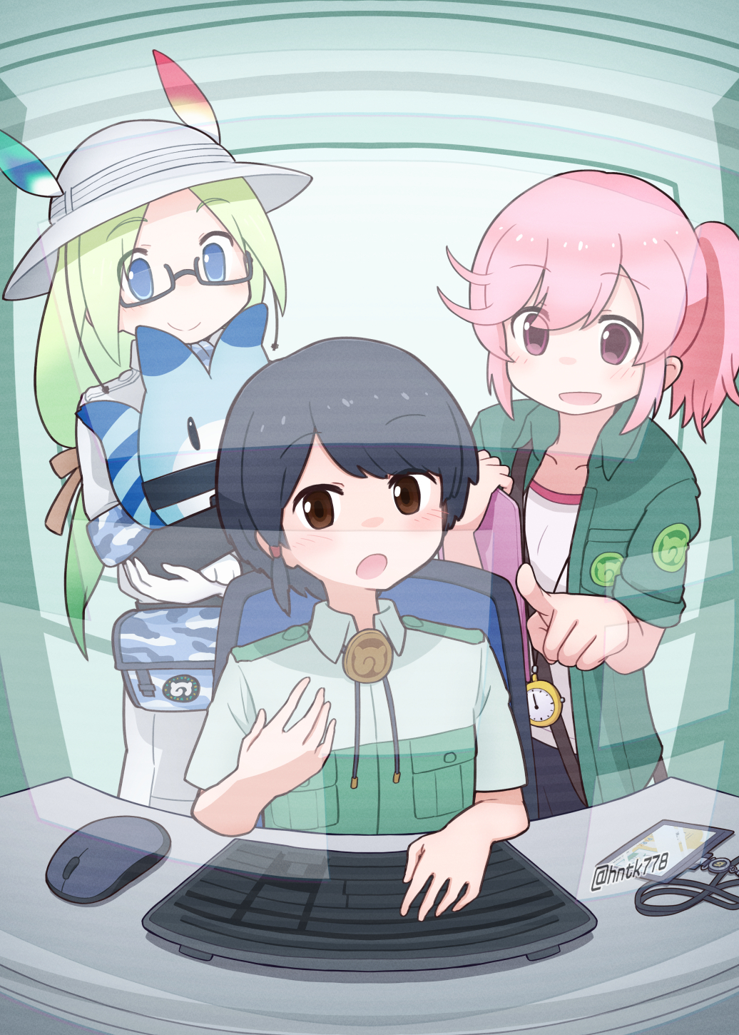3girls black_hair blue_eyes blush brown_eyes camouflage_trim captain_(kemono_friends) clipboard collared_shirt computer_keyboard computer_mouse green_hair green_jacket green_shirt hair_between_eyes highres hntk778 jacket japari_symbol kemono_friends kemono_friends_3 long_hair low_ponytail lucky_beast_(kemono_friends) mirai_(kemono_friends) multiple_girls nana_(kemono_friends) open_clothes open_jacket pink_eyes pink_hair pink_trim ponytail safari_jacket scanlines semi-rimless_eyewear shirt short_sleeves side_ponytail sidelocks smile stopwatch two-tone_shirt watch white_shirt