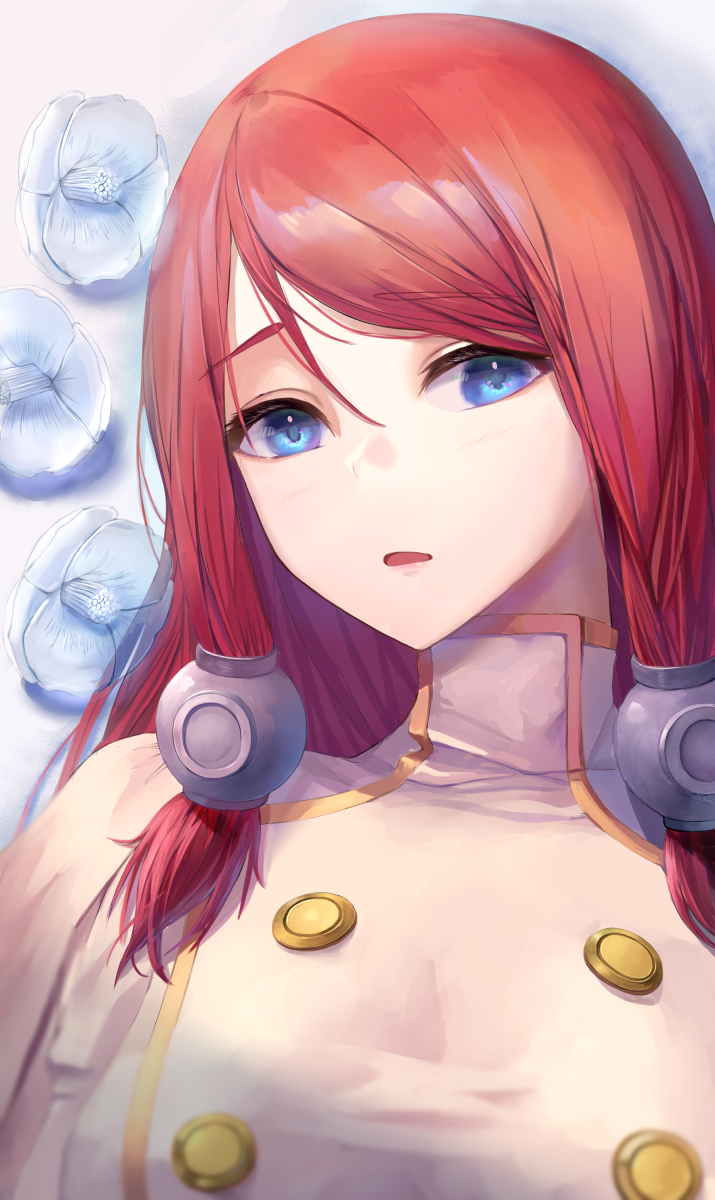 1girl artist_request blazblue blue_eyes breasts commentary_request eyelashes flower hair_tubes highres kaeru_(meriruou) long_hair lying medium_breasts no_headwear on_back open_mouth profile red_hair sash solo swept_bangs tsubaki_yayoi