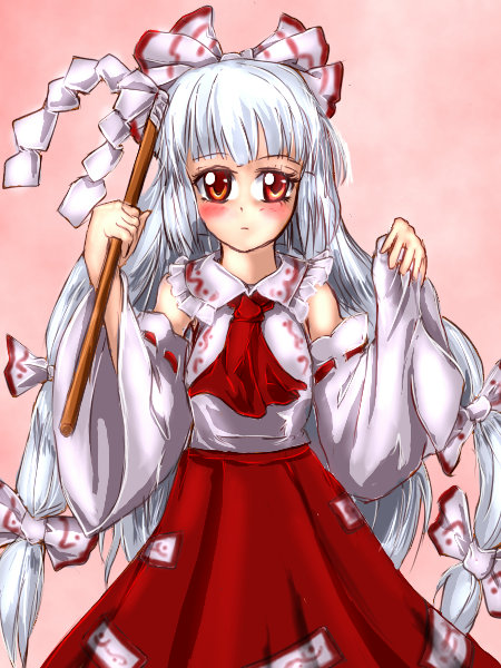 1girl amatou3 ascot blush bow detached_sleeves female_focus fujiwara_no_mokou gohei hair_bow hair_ribbon japanese_clothes long_hair miko ofuda red_eyes ribbon silver_hair solo touhou very_long_hair