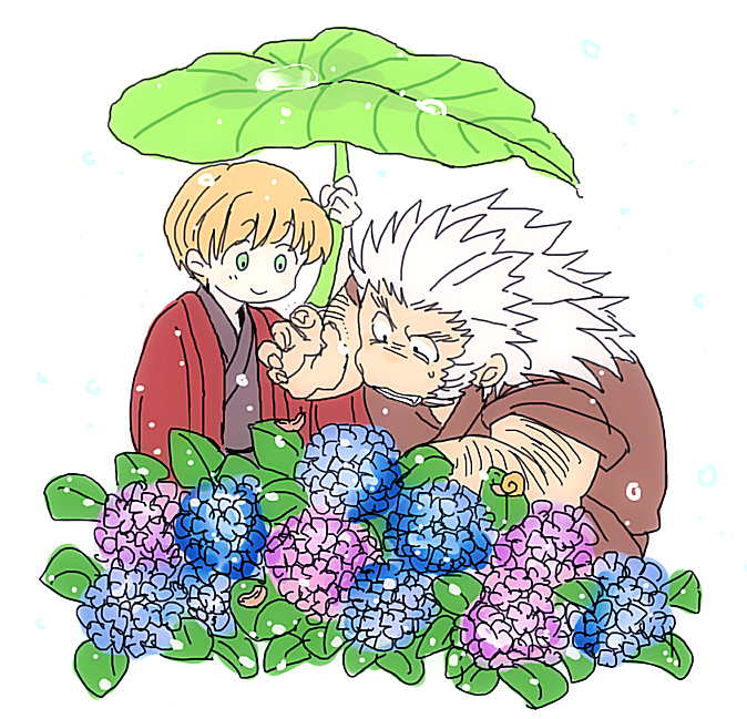 2boys arm_hair blonde_hair couple cowboy_shot facial_hair flower green_eyes hair_slicked_back hanba_guyokota hunter_x_hunter hydrangea japanese_clothes kimono leaf_umbrella male_focus medium_hair multiple_boys muscular muscular_male mutton_chops shalnark short_hair simple_background size_difference smile snail spiked_hair uvogin water_drop white_background yaoi