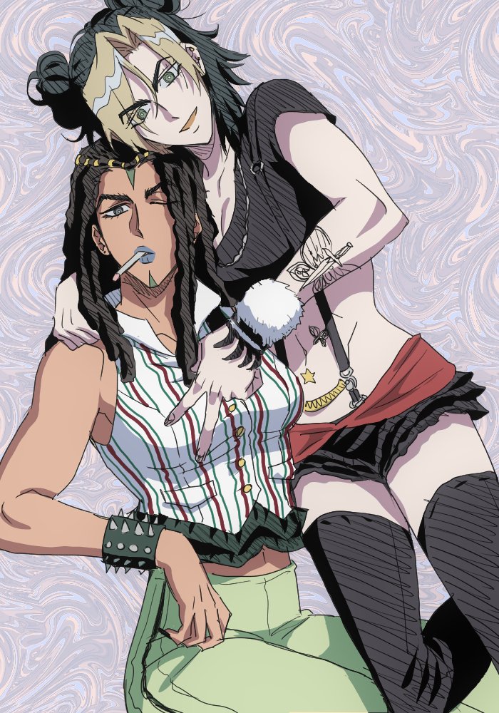 2girls arm_tattoo black_eyes black_hair black_thighhighs blonde_hair blue_lips bracelet breasts cigarette cleavage commentary_request crop_top cropped_shirt dark-skinned_female dark_skin double_bun dreadlocks ermes_costello forehead_tattoo green_pants hair_bun jeonjin_(mynamebazin) jewelry jojo_no_kimyou_na_bouken korean_commentary kuujou_jolyne lowleg lowleg_shorts medium_breasts multicolored_hair multiple_girls one_eye_closed pants shirt short_shorts shorts sleeveless sleeveless_shirt smoking spiked_bracelet spikes stone_ocean suspenders tattoo thighhighs two-tone_hair