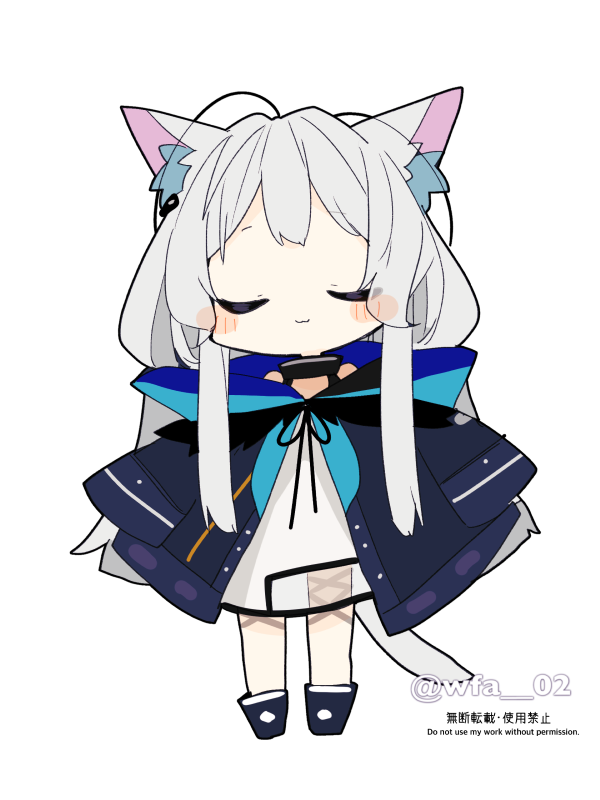 1girl animal_ear_fluff animal_ears animated animated_png arknights artist_name blush cat_ears cat_girl chibi closed_mouth commentary_request full_body grey_hair itsuki_02 long_hair long_sleeves rosmontis_(arknights) simple_background solo tail tail_wagging twitter_username white_background
