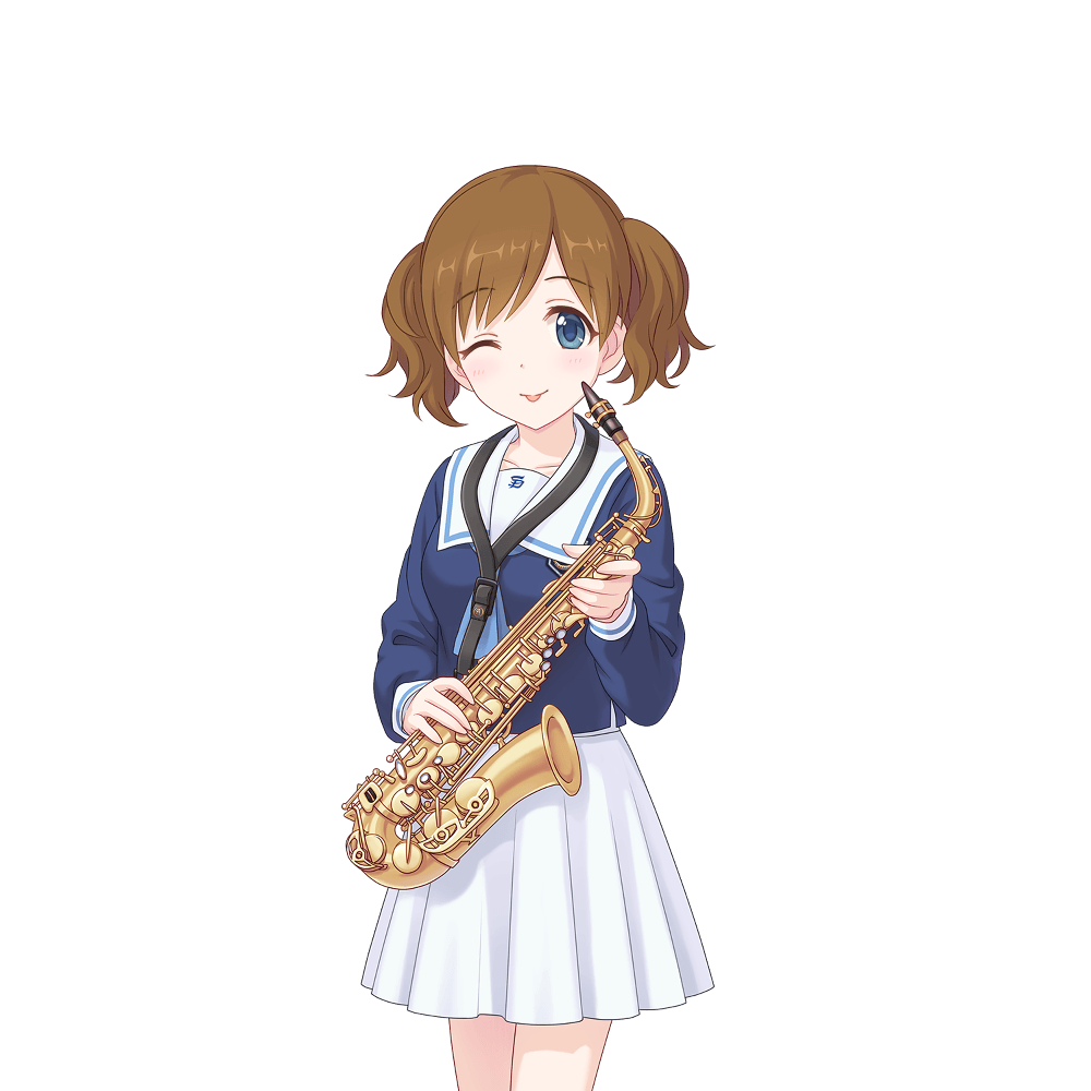 1girl akari_(princess_connect!) akari_(real)_(princess_connect!) blue_jacket brown_hair holding holding_instrument instrument jacket long_sleeves medium_hair official_art one_eye_closed princess_connect! sailor_collar saxophone school_uniform serafuku simple_background skirt standing transparent_background twintails white_skirt