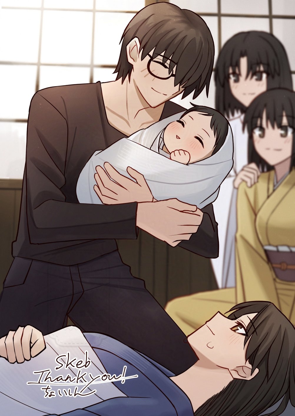 1boy 3girls after_birth baby black_shirt blanket blue_kimono blue_pants blush brown_eyes brown_hair carrying_baby carrying_person closed_eyes glasses hair_over_one_eye hand_on_another&#039;s_shoulder highres indian_style japanese_clothes kara_no_kyoukai kimono kokutou_mikiya light_smile long_hair looking_at_another lying multiple_girls on_back one_eye_covered pants ryougi_mana ryougi_shiki ryougi_shiki_(male_persona) shintyoi2 shirt short_hair shouji sitting sliding_doors smile swaddled thank_you white_blanket white_kimono yellow_kimono