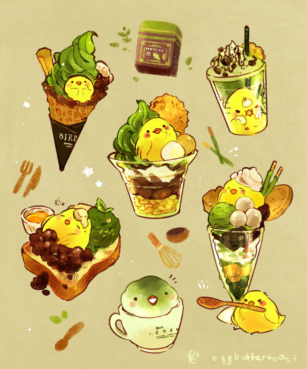 animal_focus artist_name beak bird black_eyes blush_stickers bread bread_slice chocolate_chip chocolate_syrup closed_eyes coffee commentary cookie cup disposable_cup drinking_straw english_commentary food food_focus fork french_toast glass green_background ice_cream ice_cream_cone in_food knife leaf marshmallow mask matcha_(food) mouth_mask nao_(bestrollever) no_humans notice_lines on_food original parfait pocky simple_background sleeping solid_circle_eyes spoon squeans star_(symbol) teacup toast whipped_cream whisk wooden_spoon yellow_bird