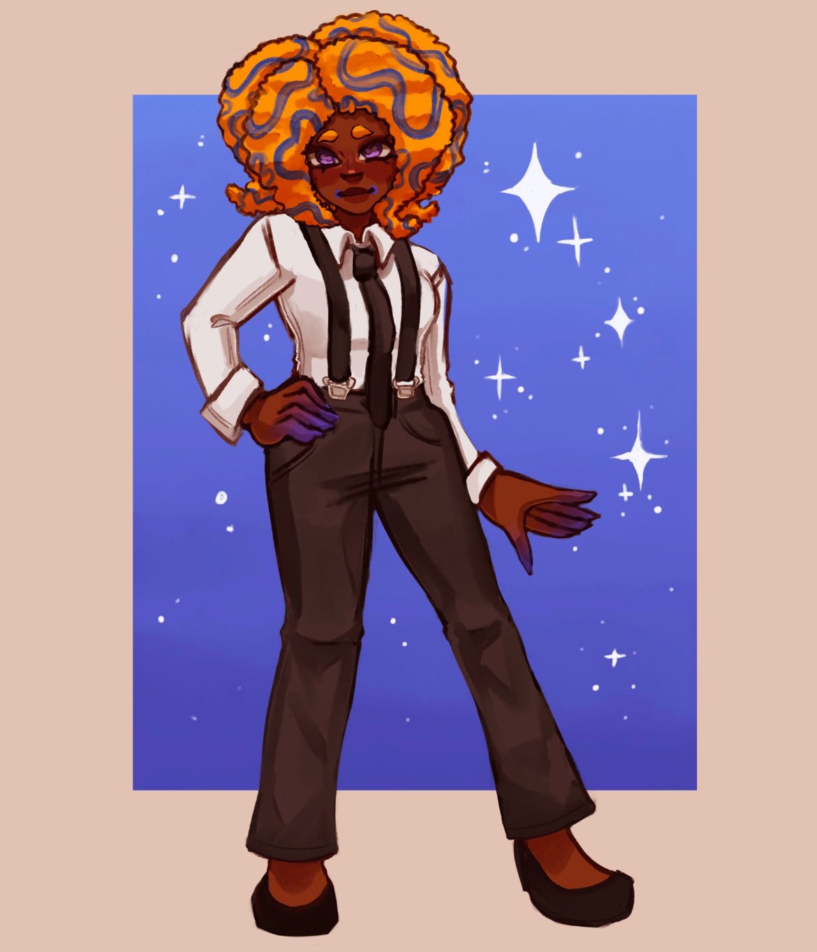 1girl black_necktie black_pants black_suspenders border collared_shirt dark-skinned_female dark_skin full_body hand_on_own_hip highres lesbianveemo long_sleeves looking_at_viewer necktie nintendo pants purple_eyes second-party_source shirt shoes solo sparkle splatoon_(series) splatoon_3 standing tao_blu white_border white_shirt