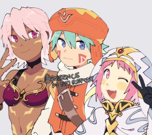 .hack// .hack//games 1boy 2girls black_rose_(.hack//) bodypaint facepaint hat jester_cap kite_(.hack//) mistral_(.hack//) multiple_girls orange_hat pink_eyes pink_hair roirence