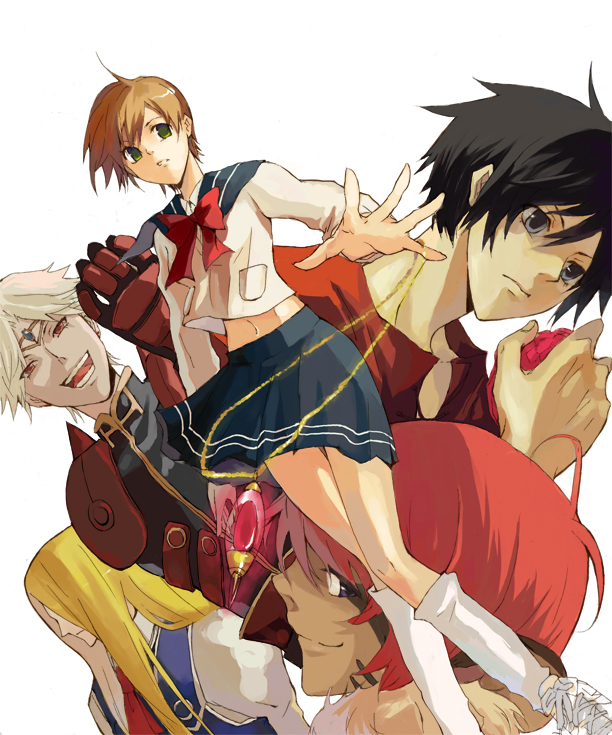 1990s_(style) 2girls 3boys allen_schezar bad_id bad_pixiv_id dilandau_albatou gororo_(tomatok) jewelry kanzaki_hitomi merle_(tenkuu_no_escaflowne) midriff multiple_boys multiple_girls navel pendant retro_artstyle school_uniform tenkuu_no_escaflowne tomatok van_fanel white_background