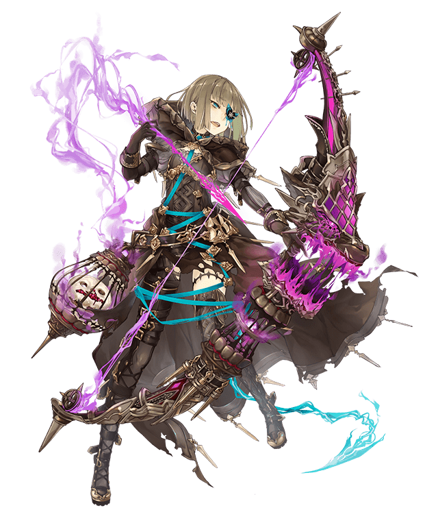 1girl aqua_eyes asymmetrical_legwear bow_(weapon) brown_hair cage energy_arrow eyepatch female_focus full_body gretel_(sinoalice) hansel_(sinoalice) hood hood_down huge_weapon jino long_coat male_focus official_art sinoalice solo transparent_background uneven_legwear weapon