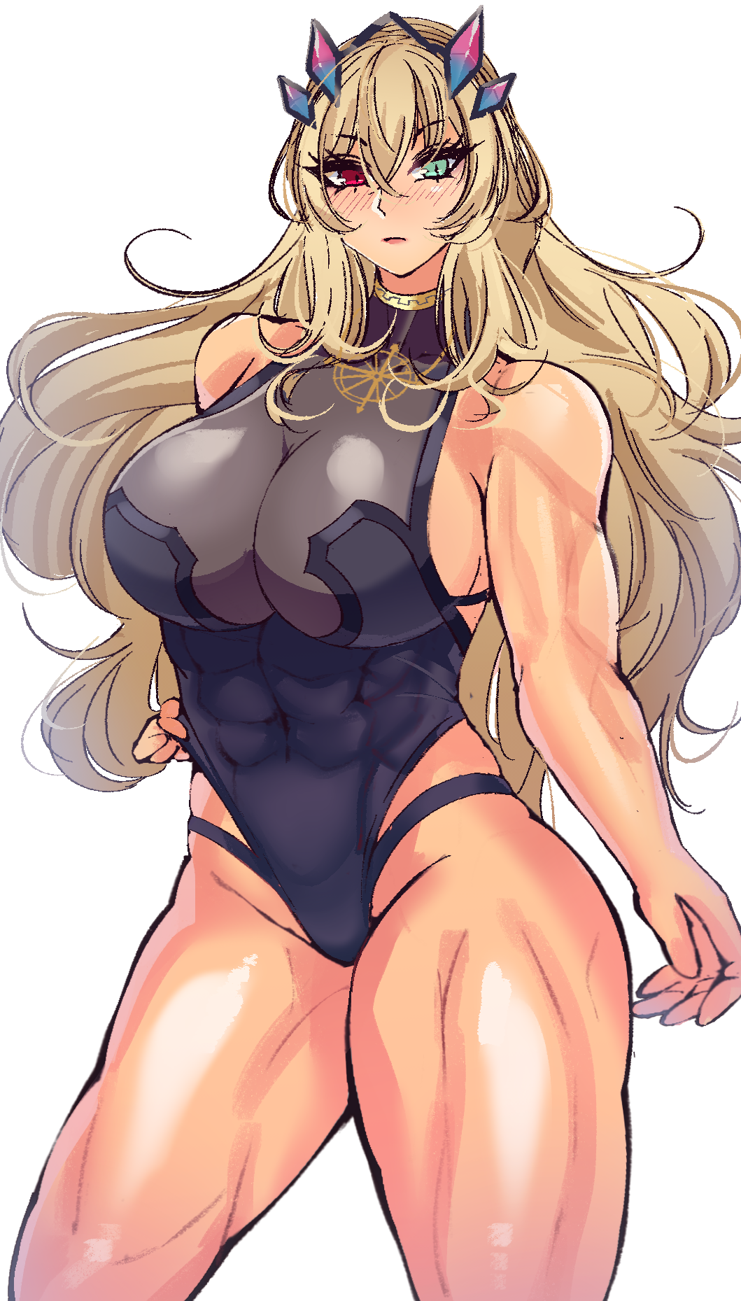 1girl abs adapted_costume bare_shoulders barghest_(fate) barghest_(second_ascension)_(fate) blonde_hair blush breasts fate/grand_order fate_(series) green_eyes heterochromia highleg highres horns large_breasts long_hair looking_at_viewer muscular muscular_female red_eyes solo thighs volyz