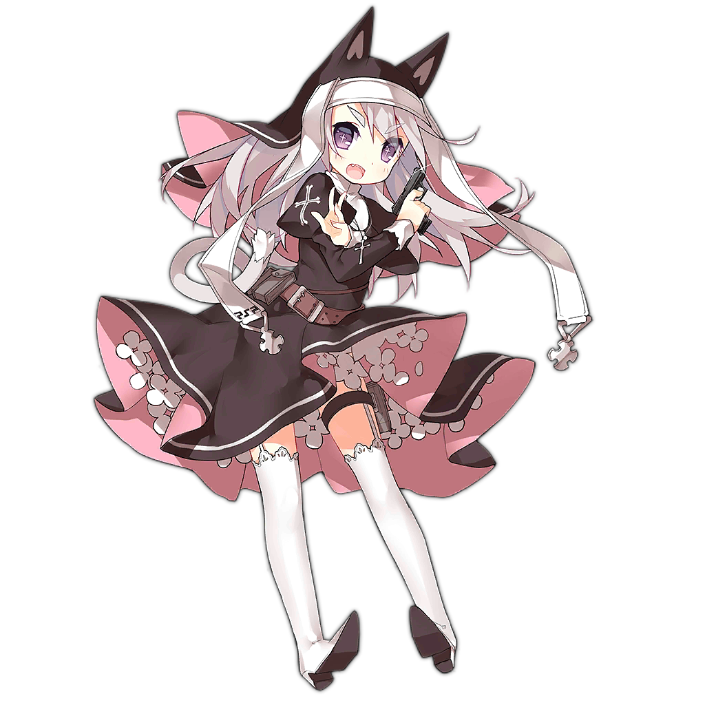 1girl animal_ear_headwear animal_ears belt belt_pouch black_dress boots cat_ears cat_tail colored_shoe_soles cross cross-shaped_pupils cross_moline cross_patty crossed_arms dress fake_animal_ears fang finger_on_trigger fingernails full_body girls&#039;_frontline gun h&amp;k_p7 habit hair_between_eyes handgun high_heel_boots high_heels holding holding_gun holding_weapon light_blush long_hair long_sleeves looking_at_viewer nun official_art open_mouth p7_(girls&#039;_frontline) pouch puffy_long_sleeves puffy_sleeves purple_eyes saru shoe_soles simple_background smile solo symbol-shaped_pupils tail teeth thigh_boots thigh_pouch thigh_strap transparent_background upper_teeth_only weapon white_boots white_hair