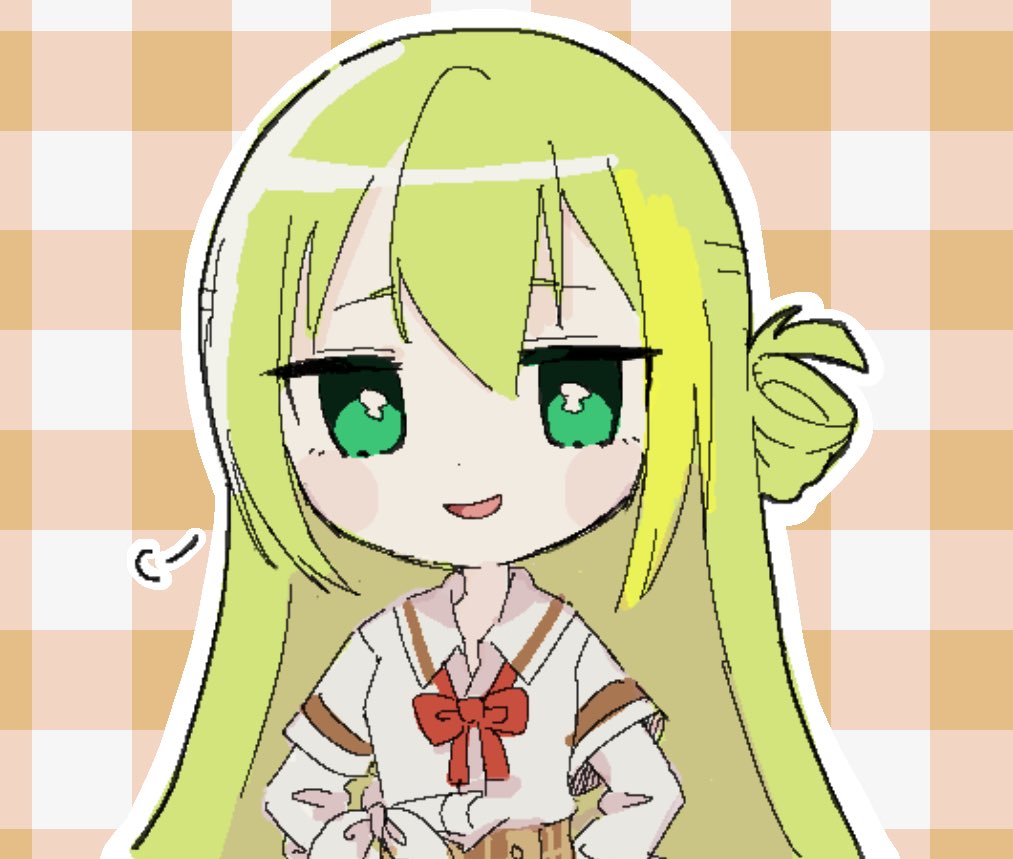 1girl alina_gray blonde_hair blush bow bowtie chibi green_eyes green_hair hair_between_eyes layered_sleeves long_hair long_sleeves looking_at_viewer madoro_nil magia_record:_mahou_shoujo_madoka_magica_gaiden mahou_shoujo_madoka_magica multicolored_hair open_mouth red_bow red_bowtie sakae_general_school_uniform school_uniform shirt short_over_long_sleeves short_sleeves smile solo streaked_hair upper_body white_shirt