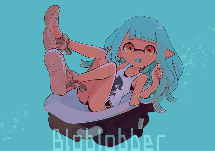 1girl :o bare_arms bare_shoulders black_shorts bloblobber_(splatoon) blue_background blue_hair blue_tongue colored_tongue commentary imaikuy0 inkling inkling_girl inkling_player_character legs_up light_blue_hair long_hair looking_at_viewer lying nintendo on_back open_mouth orange_eyes pointy_ears sandals shorts solo splatoon_(series) symbol-only_commentary tank_top tentacle_hair white_sandals white_tank_top