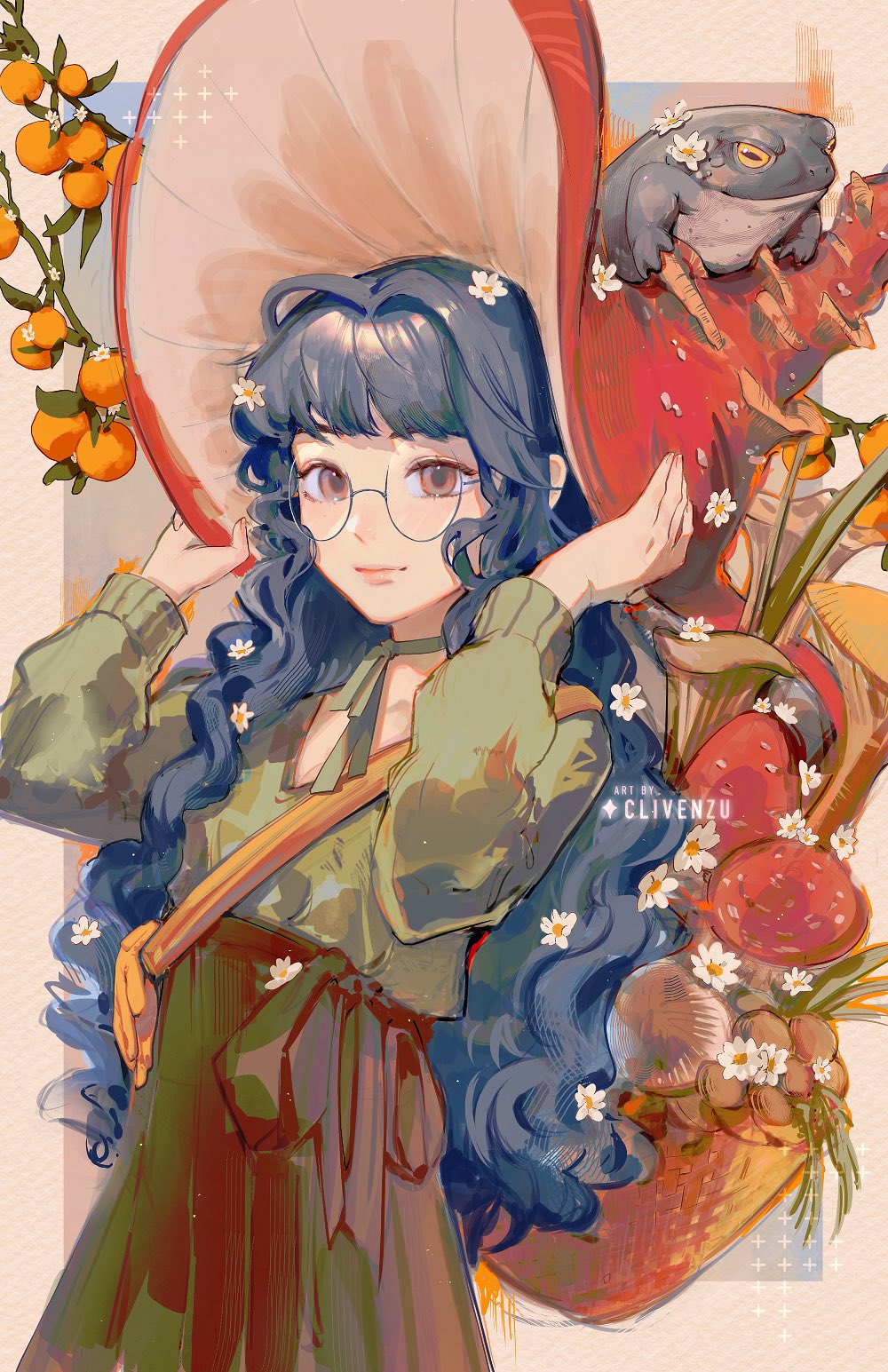 1girl adjusting_clothes adjusting_headwear animal animal_on_head artist_name basket blue_hair blunt_bangs border breasts brown_eyes brush_stroke cleavage clivenzu closed_mouth commentary cowboy_shot english_commentary flower flower_request food food_request fruit glasses gloves green_ribbon green_shirt green_skirt grey-framed_eyewear hair_flower hair_intakes hair_ornament hair_over_shoulder hands_on_headwear hands_up hat hat_flower high-waist_skirt highres lily_(clivenzu) long_hair long_sleeves looking_at_viewer mandarin_orange mixed-language_commentary mushroom mushroom_hat neck_ribbon on_head orange_gloves original outside_border red_hat ribbon round_eyewear semi-rimless_eyewear shirt shoulder_strap sidelocks skirt smile solo toad_(animal) under-rim_eyewear unworn_gloves v-neck very_long_hair wavy_hair white_border white_flower wicker_basket wide_brim witch_hat