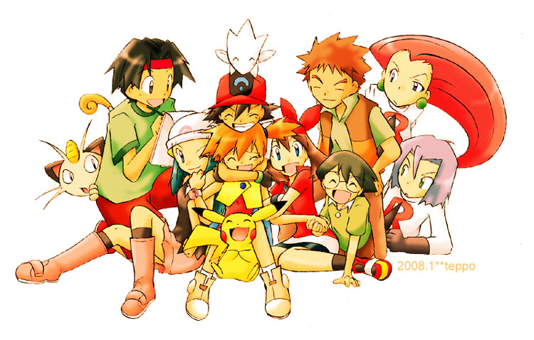 4girls 5boys ash_ketchum beanie brock_(pokemon) dated dawn_(pokemon) everyone gen_1_pokemon gen_2_pokemon gym_leader hat james_(pokemon) jessie_(pokemon) max_(pokemon) may_(pokemon) meowth misty_(pokemon) multiple_boys multiple_girls nintendo on_head pikachu pokemon pokemon_(anime) pokemon_(classic_anime) pokemon_(creature) pokemon_dppt_(anime) pokemon_on_head pokemon_rse_(anime) ponytail simple_background team_rocket team_rocket_uniform teppo togetic tracey_sketchit white_background