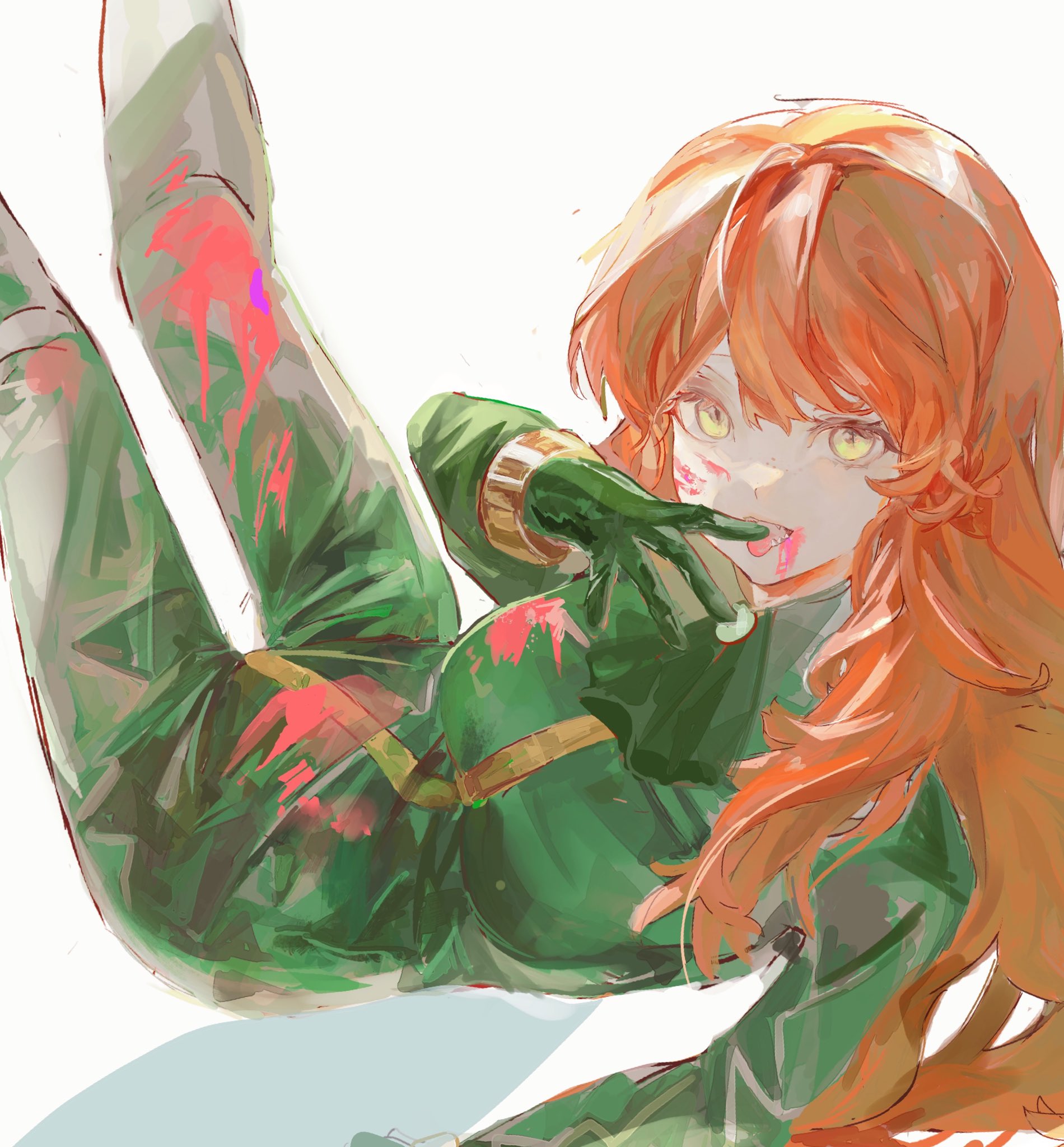 1girl blood blood_on_clothes blood_on_face blood_on_tongue bodysuit e.g.o_(project_moon) freckles green_bodysuit green_eyes highres ishmael_(project_moon) legs_up licking licking_finger limbus_company long_hair looking_at_viewer lying o_tyappa on_back orange_hair project_moon reclining simple_background solo very_long_hair white_background wingbeat_(e.g.o)