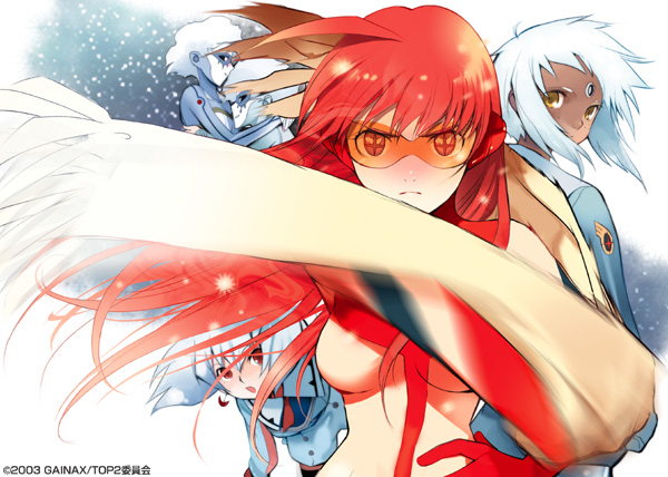 00s 5girls ahoge angry blurry blush bodysuit buster_machine_7 crescent cross-shaped_pupils dark-skinned_female dark_skin dated depth_of_field earrings facial_mark floating_hair forehead_mark freckles frown gainaxtop glasses gloves goggles hand_on_own_hip hug jewelry lal&#039;c_mellk_mal long_hair long_sleeves looking_at_viewer looking_back mask miyama_waka motion_blur multiple_girls necktie nono_(top_wo_nerae_2!) nose_blush red_eyes red_hair scarf serpentine_shimai_(ane) serpentine_shimai_(imouto) short_hair short_twintails siblings sisters sky space star_(sky) starry_sky symbol-shaped_pupils thighhighs third_eye top_wo_nerae!_(series) top_wo_nerae_2! twins twintails tycho_science uniform white_hair wide_hips yellow_eyes
