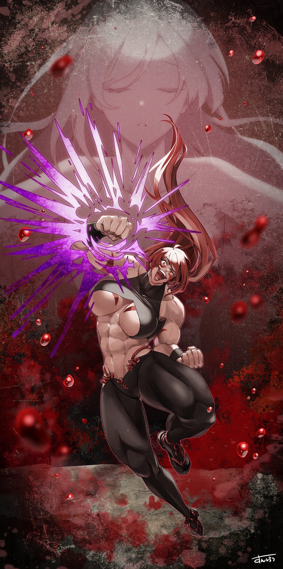 2girls abs ao_(tenkaichi) biceps blood breast_tattoo breasts broad_shoulders excited facepaint fuuma_kotarou_(tenkaichi) half-closed_eye halterneck halterneck highres multiple_girls muscular muscular_female open_mouth punching revealing_clothes rope_belt sunsirou tattoo tenkaichi_nihon_saikyou_bugeisha_ketteisen underboob
