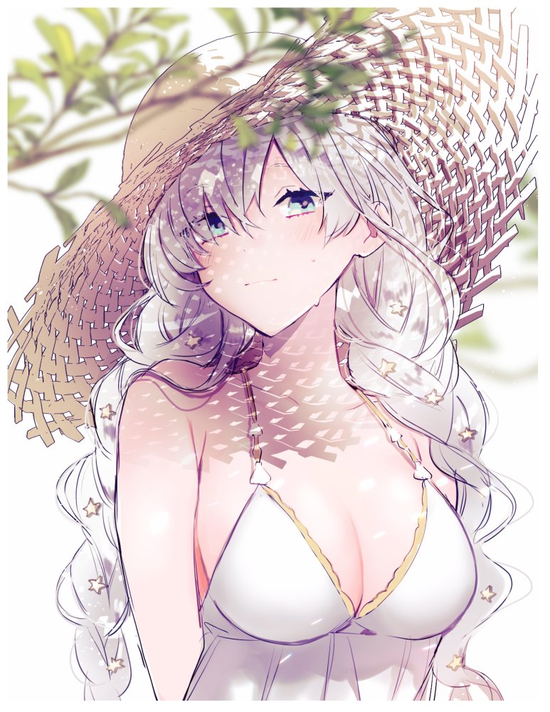 1girl anastasia_(fate) anastasia_(swimsuit_archer)_(second_ascension)_(fate) bare_shoulders blue_eyes blush braid branch breasts cleavage closed_mouth collarbone dress dress_swimsuit eyes_visible_through_hair fate/grand_order fate_(series) hair_ornament hat large_breasts leaf long_hair looking_at_viewer sleeveless sleeveless_dress solo star_(symbol) star_hair_ornament straw_hat sun_hat sweatdrop swimsuit twin_braids upper_body very_long_hair wani_(mezo) white_dress white_hair