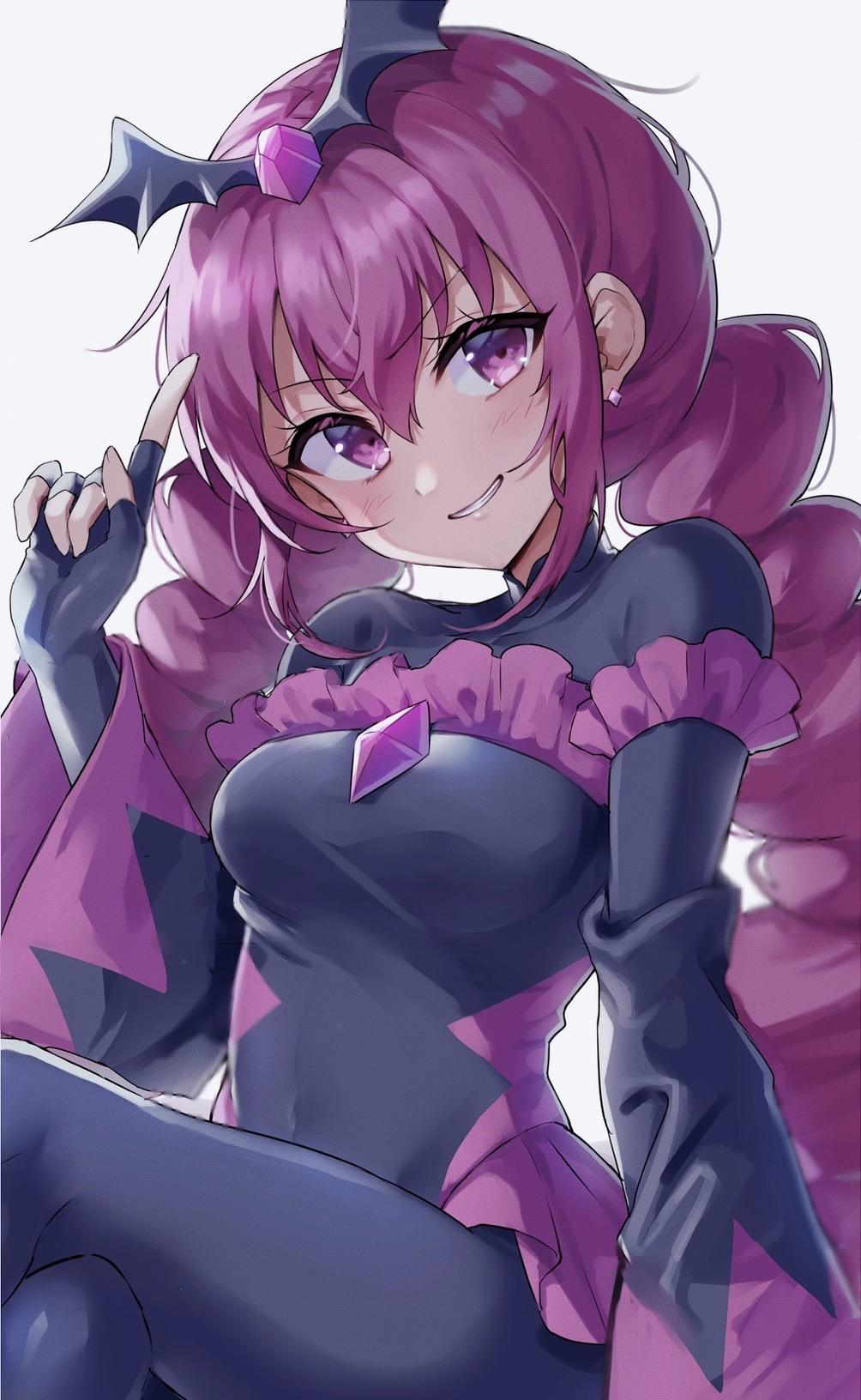 1girl arm_up bad_end_happy bad_end_precure bat_wings black_bodysuit black_gloves bodysuit braid breasts covered_navel crossed_legs earrings fingerless_gloves fingernails gloves grey_background grin hair_between_eyes highres index_finger_raised jewelry jikai_ing long_hair looking_at_viewer precure purple_eyes purple_hair sidelocks simple_background smile smile_precure! solo twin_braids upper_body wide_sleeves wings
