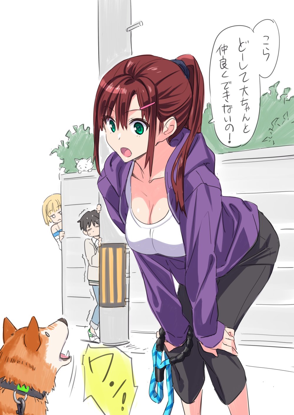 1boy 2girls black_hair black_pants blonde_hair breasts brown_hair chinatsu_(suzutsuki_kurara) cleavage collarbone commentary_request daichi_(suzutsuki_kurara) dog green_eyes hair_ornament hairclip hands_on_own_knees highres hijiri_muroya_(suzutsuki_kurara) holding holding_leash hood hoodie large_breasts leaning_forward leash long_hair multiple_girls open_mouth original pants peeking_out ponytail purple_hoodie solo_focus speech_bubble suzutsuki_kurara translation_request
