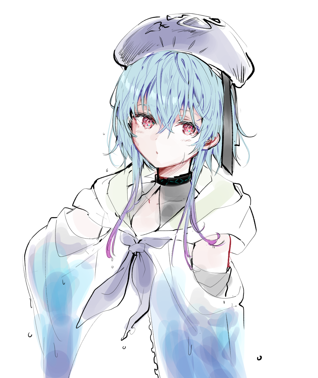 1boy 414_(hncx3355) androgynous arknights blue_hair blush bow cloak hat highres looking_to_the_side male_focus mizuki_(arknights) pale_skin purple_eyes ribbon simple_background