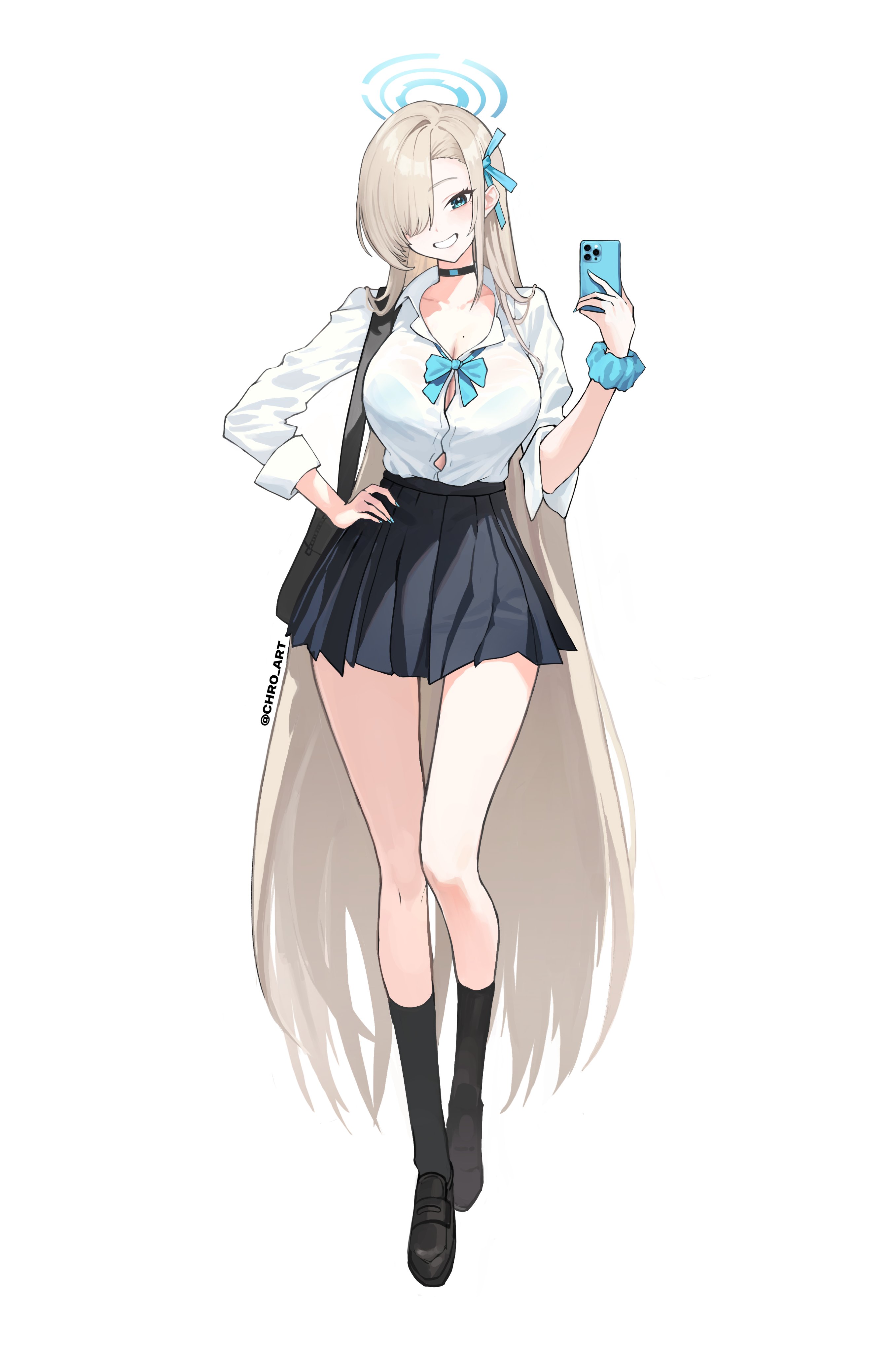 1girl absurdres aqua_bow aqua_bowtie asuna_(blue_archive) asuna_(school_uniform)_(blue_archive) black_choker blue_archive blue_halo blue_nails blue_scrunchie bow bowtie breasts button_gap choker chro_art commentary full_body hair_over_one_eye halo highres mole mole_on_breast school_uniform scrunchie shirt_tucked_in solo symbol-only_commentary wrist_scrunchie