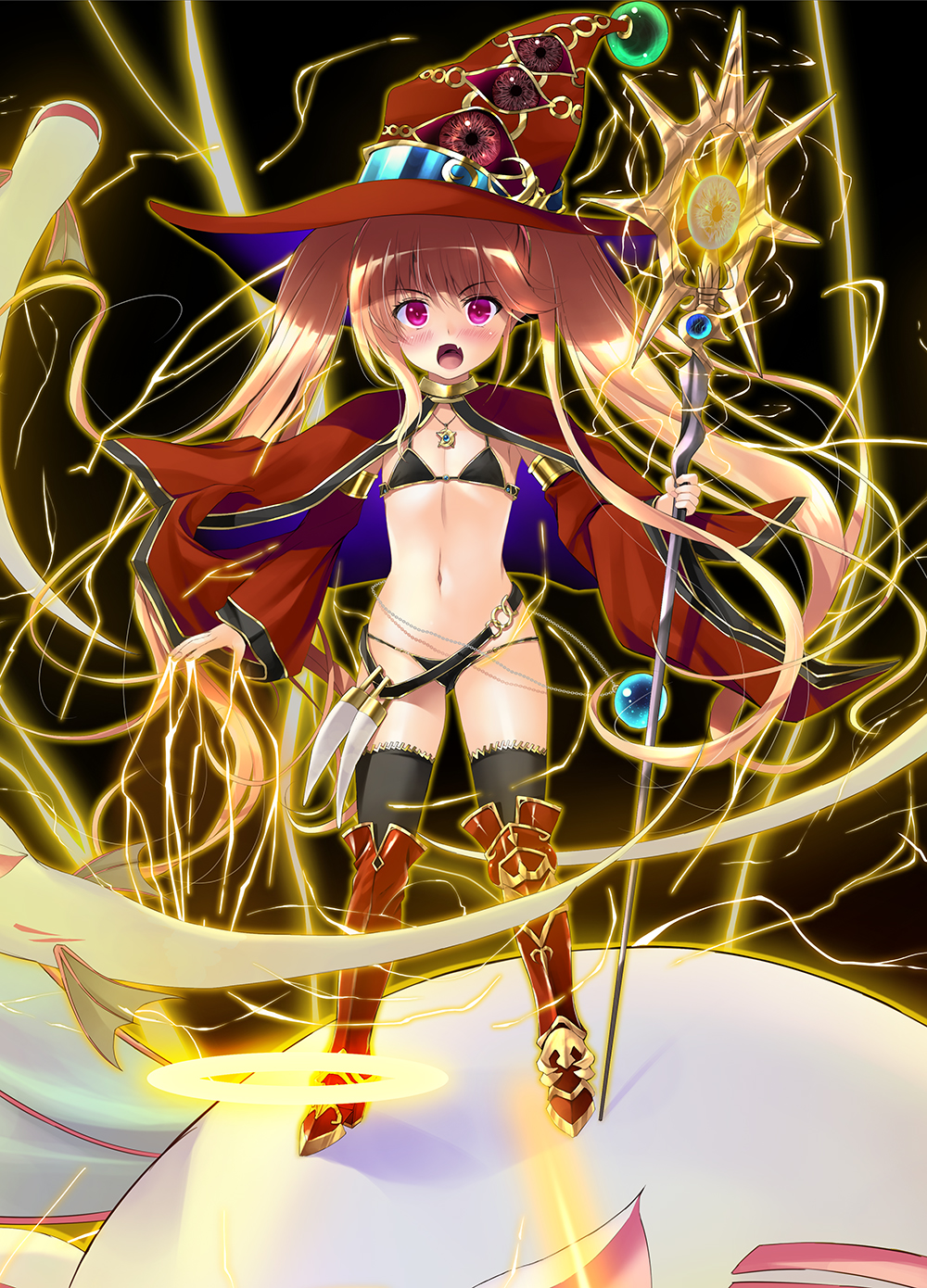 bikini black_bikini blonde_hair breasts cloak familiar hat highres iris_mysteria! ladis_(iris_mysteria!) lightning long_hair navel purple_eyes red_cloak red_hat shin_guards shizuku_(artist) small_breasts staff swimsuit thighhighs thighs twintails variant_set witch_hat