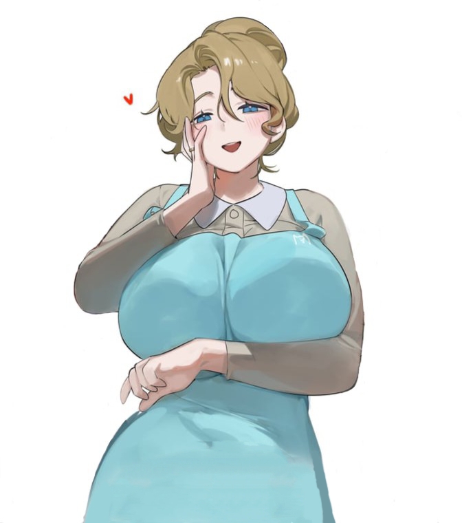 1girl apron aqua_apron blue_eyes blush breasts brown_hair brown_shirt hair_bun hand_on_own_cheek hand_on_own_face head_tilt huge_breasts jewelry long_sleeves looking_at_viewer mature_female nia_(nia4294) non-web_source open_mouth original ring shirt smile solo standing teeth white_background