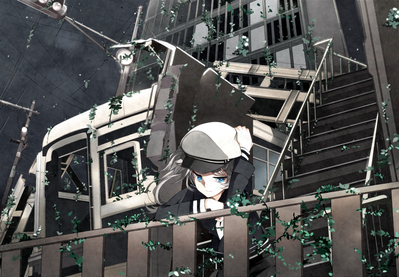 +_+ 1girl ama_no_jaku_(vocaloid) black_shirt blouse blue_eyes cityscape female_focus fk gumi hat jack_amano plant scenery school_uniform serafuku shirt solo traffic_light vocaloid white_hair white_hat