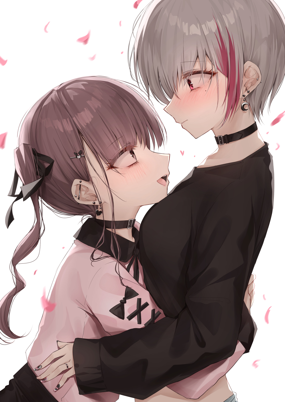 2girls black_choker black_ribbon black_shirt blush breasts brown_hair character_hair_ornament choker commentary_request crescent crescent_earrings ear_piercing earrings fingernails from_side grey_eyes grey_hair hair_ornament hair_ribbon heart heart_earrings highres hug jewelry kanju kuromi long_hair long_sleeves looking_at_another medium_breasts multicolored_hair multiple_girls nail_art nail_polish onegai_my_melody original petals piercing pink_shirt red_eyes red_hair ribbon ring sanrio shirt streaked_hair upper_body white_background yuri