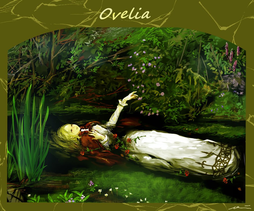 1girl arm_up blonde_hair character_name dress final_fantasy final_fantasy_tactics flower full_body grass hand_on_own_chest mochi_(hanamaruudondesu) nature open_mouth ovelia_atkascha red_robe river robe signature solo tall_grass white_dress