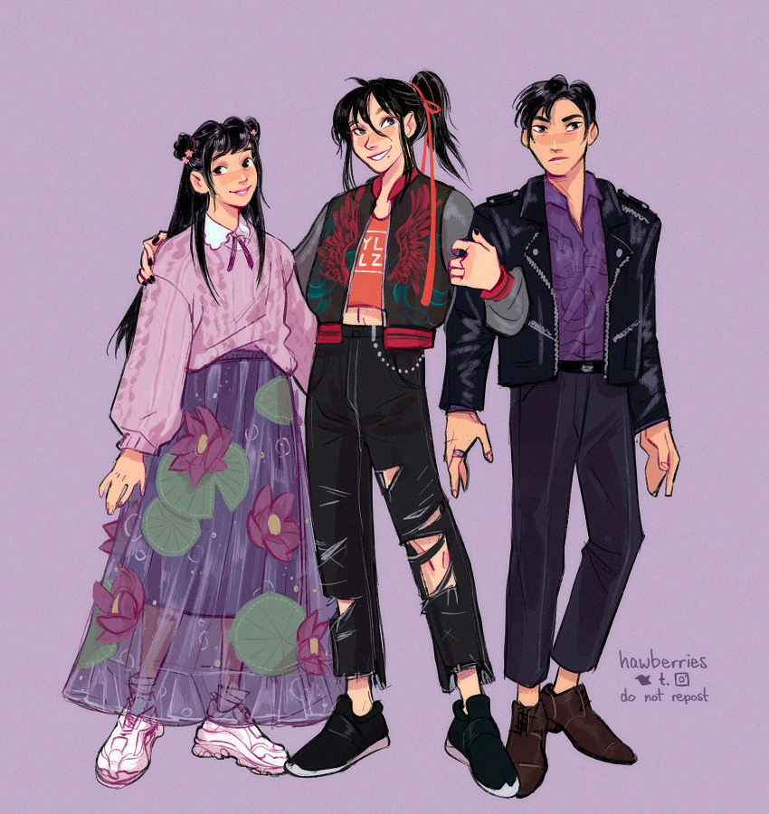 1girl 2boys alt_text alternate_costume alternate_hair_length alternate_hairstyle alternate_universe artist_name black_eyes black_hair black_jacket black_pants black_shoes brother_and_sister brothers brown_shoes closed_mouth collared_shirt commentary crop_top double_bun english_commentary family floral_print flower frown full_body hair_bun hair_flower hair_ornament hair_ribbon hawberries jacket jiang_cheng jiang_yanli knit_sweater layered_skirt leather leather_jacket letterman_jacket long_hair long_sleeves looking_at_viewer lotus_print modao_zushi multiple_boys open_mouth pants pink_flower ponytail purple_background purple_flower purple_shirt purple_skirt purple_sweater purple_theme red_ribbon red_shirt ribbon see-through_skirt_layer shirt shoes short_hair siblings simple_background skirt smile sneakers standing sweater torn_clothes torn_pants wei_wuxian white_shoes