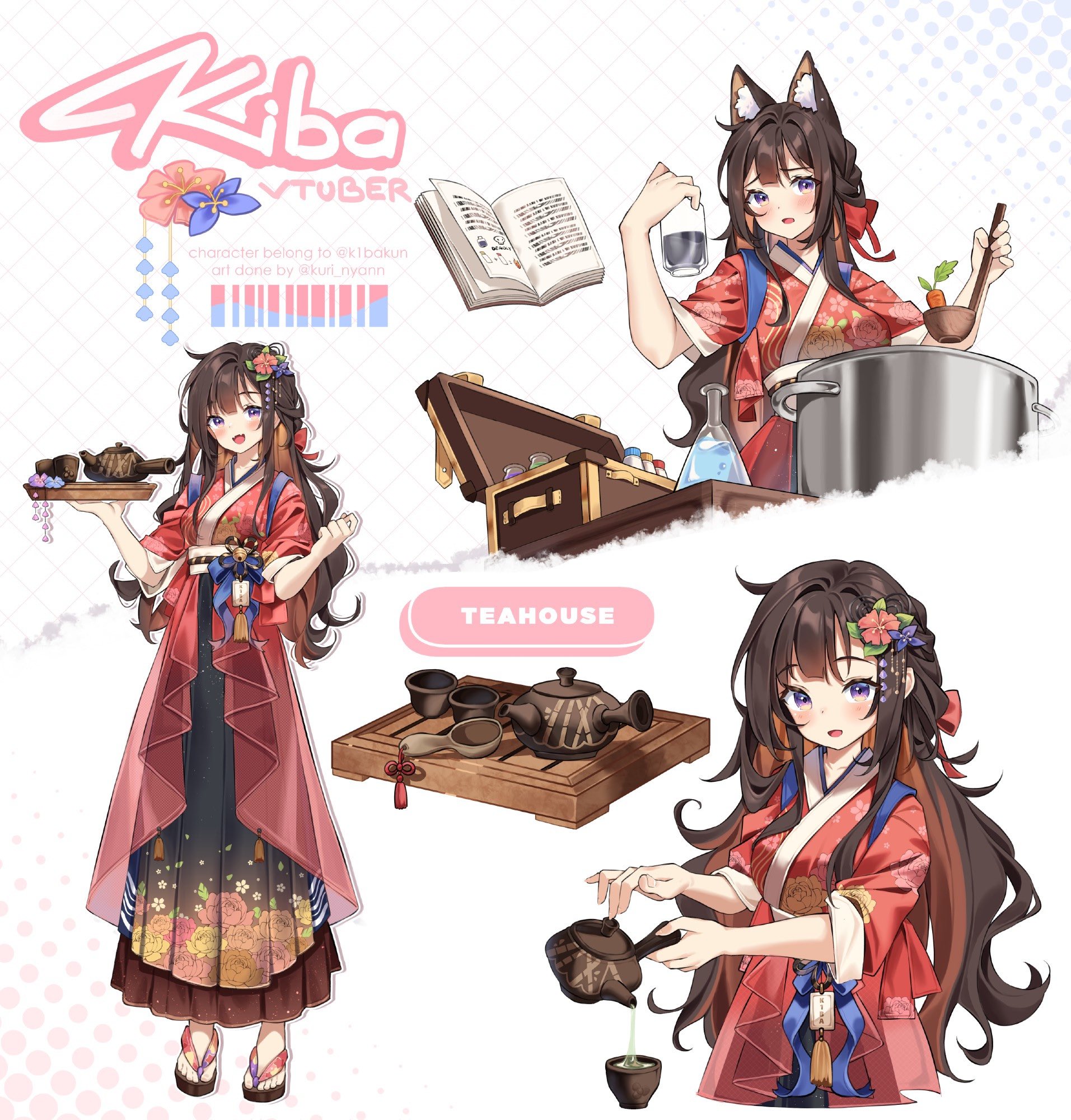 1girl animal_ear_fluff animal_ears beaker book bottle bow brown_hair cat_ears cat_girl character_name colored_inner_hair commentary commission cooking cooking_pot cup english_commentary english_text floral_print flower hair_bow hair_flower hair_ornament hakama hakama_skirt highres holding holding_bottle holding_ladle holding_teapot holding_tray indie_virtual_youtuber japanese_clothes kiba_(k1bakun) kimono kuri_(animejpholic) ladle long_hair looking_at_viewer multicolored_hair multiple_views obi open_book open_mouth pouring purple_eyes red_bow red_kimono sash second-party_source simple_background skirt tea teacup teapot tray white_background