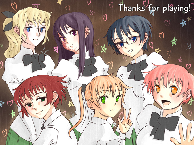 6+girls :3 :d alternate_hairstyle artist_request black_bow blue_eyes blue_hair blush bow bowtie brown_background burn_scar closed_mouth collared_shirt english_text eyelashes glasses green_eyes green_skirt hair_bow hakamichi_shizune hand_up heart ibarazaki_emi ikezawa_hanako katawa_shoujo long_hair mikado_shiina multiple_girls non-web_source official_alternate_hairstyle official_art open_mouth orange_eyes orange_hair pink_hair ponytail purple_eyes purple_hair red_eyes red_hair satou_lilly scar scar_on_face school_uniform shirt short_hair skirt smile star_(symbol) tezuka_rin very_short_hair w white_shirt yamaku_high_school_uniform