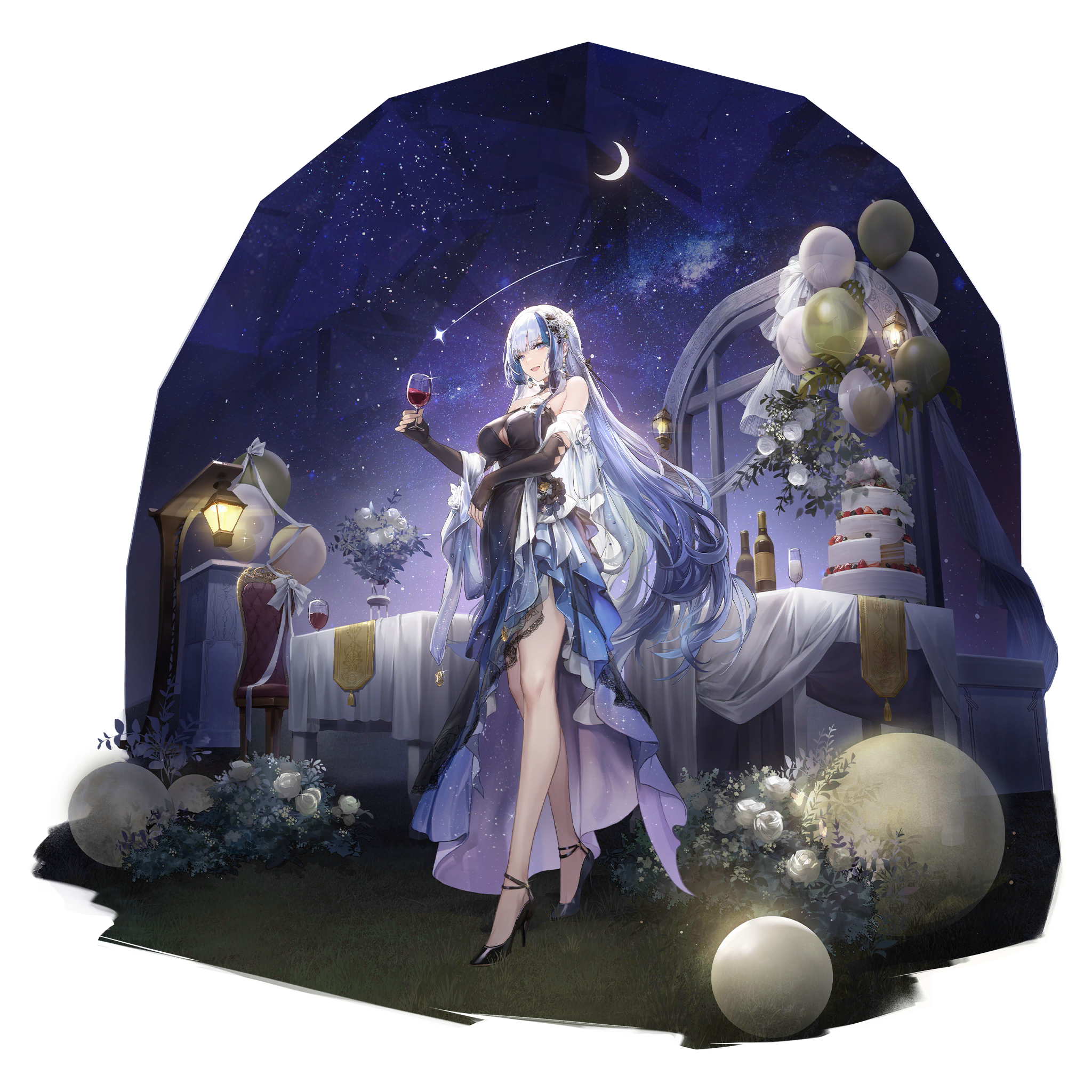 1girl artist_request balloon blue_eyes blue_hair bottle breasts cake chair champagne_flute check_artist cleavage crescent_moon cup detached_sleeves dress drinking_glass evening_gown flower food game_cg girls'_frontline girls'_frontline_neural_cloud high_heels highres hubble_(ever-radiant_star)_(neural_cloud) hubble_(neural_cloud) lantern layer_cake moon night night_sky official_alternate_costume official_art outdoors porafree shooting_star side_slit sky star_(sky) starry_sky tablecloth third-party_source white_flower wine_bottle wine_glass