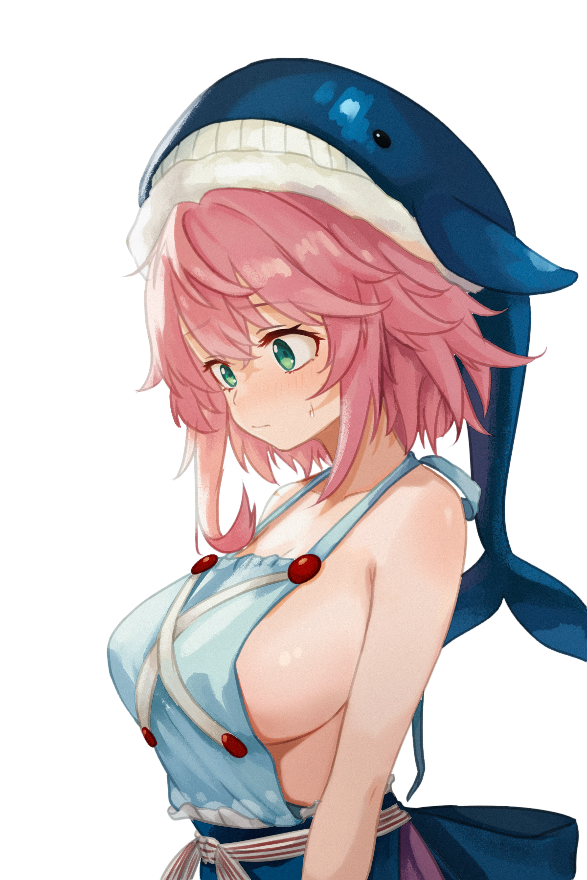 1girl apron breasts chunjiu green_eyes highres large_breasts light_blush nearly_naked_apron okunoda_miyoi pink_hair short_hair sideboob simple_background solo touhou upper_body whale_hat white_background